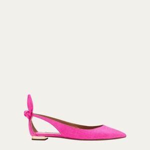 Aquazzura Ultra Pink Bow Tie Cut-Out Woven Raffia Fabric Ballet Flats 10.5